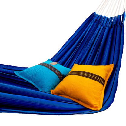 The mayan fabric hammock in precious shades of blue.
