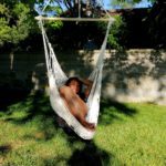 Net Hanging chair | Beige (Soft Unbleached Cotton) with blue stripes