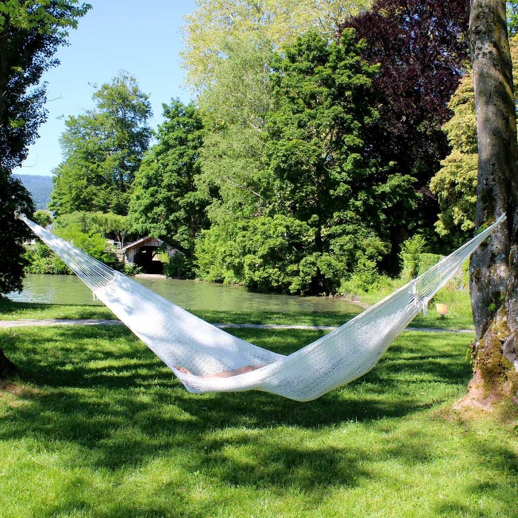 Large white net hammock sideview