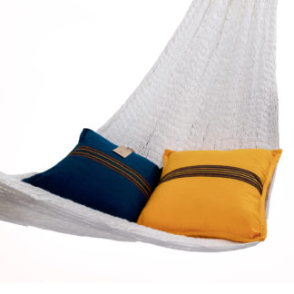 2 cushions / pillows mayan fabric - handwoven - on white net hammock - studio