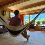 Net hammock | Medium –  Unbleached with Marine Blue lines