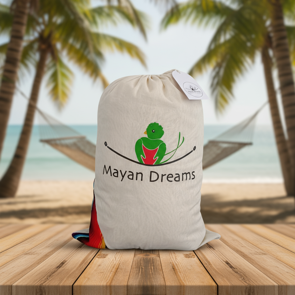 Pack shot with hammock package from guatemala with mayan fabric and mayan dreams logo - and tropical backgroud