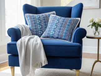 Coussin huipil birds sur sofa bleu