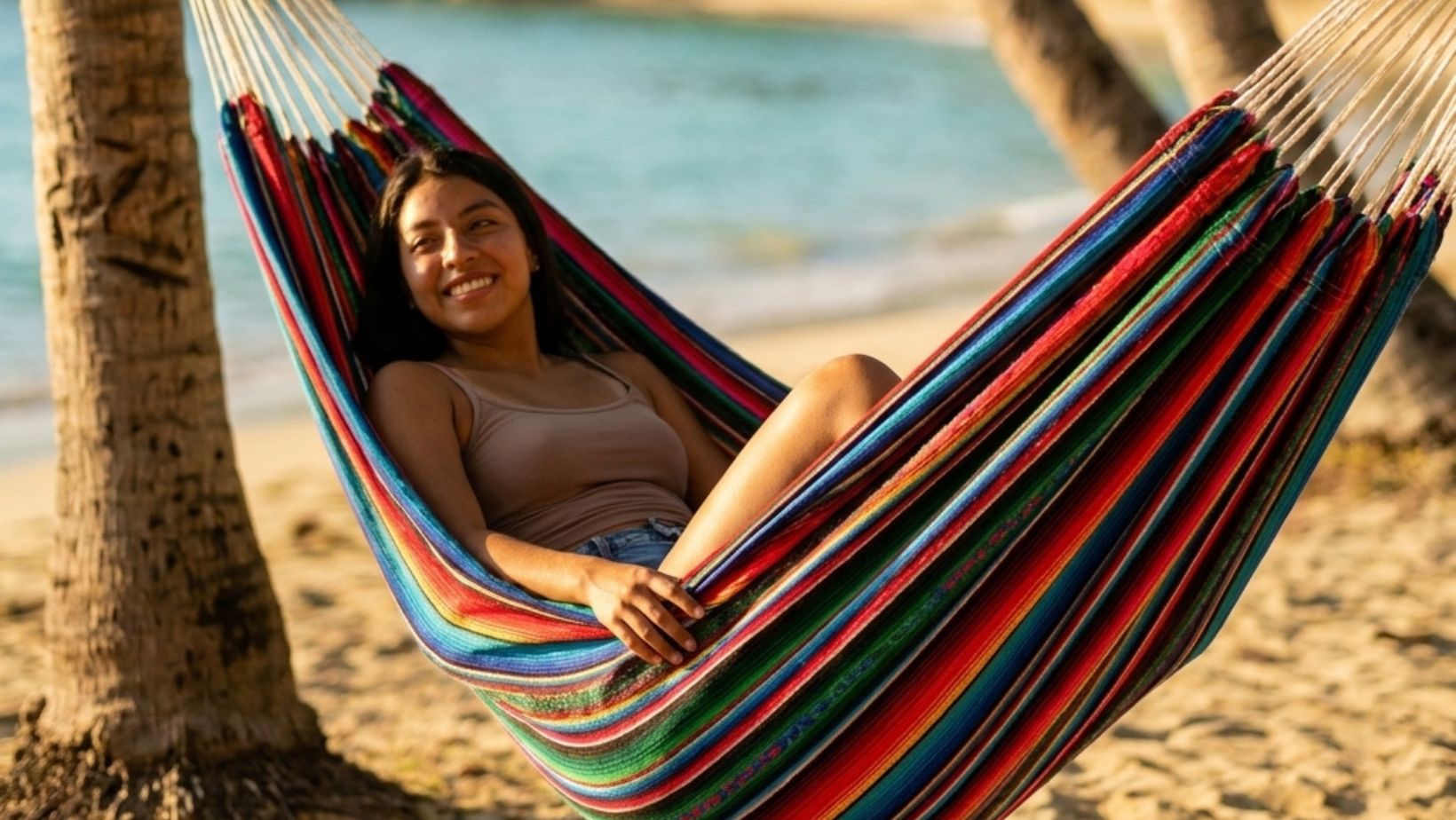 Traditional multicolored hammock from Guatemala - cover featuring a smiling girl on the beach