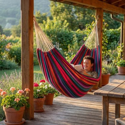 XL-Hängematte, man schaukelt und liest ein Buch im Garten.